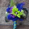 Lime green and king blue bridal bouquet and matching boutonniere, purple flower and rhinestone accent,