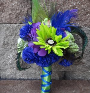 Lime green and king blue bridal bouquet and matching boutonniere, purple flower and rhinestone accent,