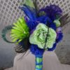 Lime green and king blue bridal bouquet and matching boutonniere, purple flower and rhinestone accent, - Image 5
