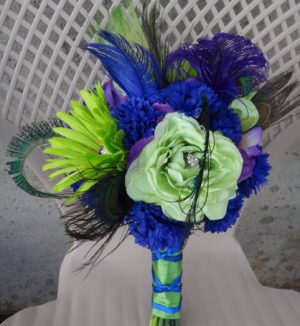 Lime green and king blue bridal bouquet and matching boutonniere, purple flower and rhinestone accent, - Image 5