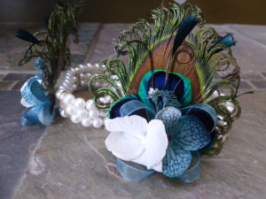 Peacock pearl wrist corsage