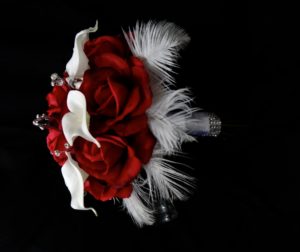 Red and white bouquet, bridal bouquet, red, white, rose, calla lily bridal bouquet, real touch flowers,  white ostrich feathers - Image 2