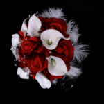 Red and white bouquet, bridal bouquet, red, white, rose, calla lily bridal bouquet, real touch flowers,  white ostrich feathers