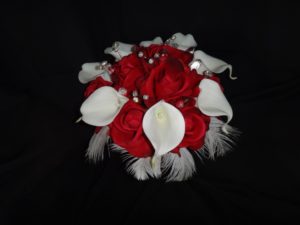 Red and white bouquet, bridal bouquet, red, white, rose, calla lily bridal bouquet, real touch flowers,  white ostrich feathers - Image 4