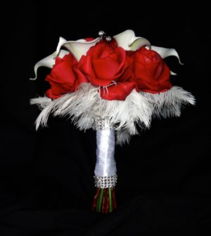 Red and white bouquet, bridal bouquet, red, white, rose, calla lily bridal bouquet, real touch flowers,  white ostrich feathers - Image 3
