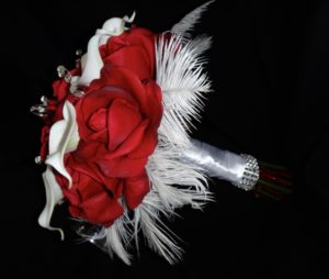 Red and white bouquet, bridal bouquet, red, white, rose, calla lily bridal bouquet, real touch flowers,  white ostrich feathers - Image 5