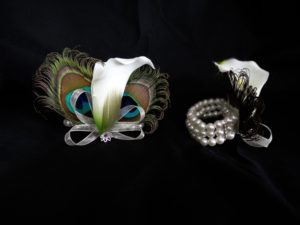 Calla lily wrist corsage with pearl bracelet, Customize calla lily and ribbon colors