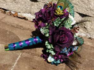 Teal and plum bouquet with peacock feathers - Image 5