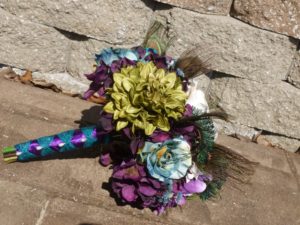 Teal and plum bouquet with peacock feathers - Image 4