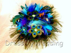 Peacock bouquet, teal, blue feather bouquet with purple accent feathers