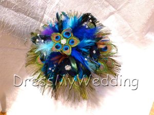 Peacock bouquet, teal, blue feather bouquet with purple accent feathers - Image 5