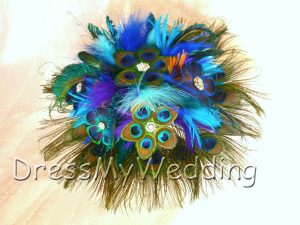 Peacock bouquet, teal, blue feather bouquet with purple accent feathers - Image 4