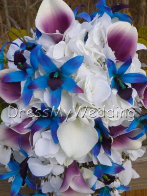 Cascading picasso calla and blue orchid bouquet - Image 2