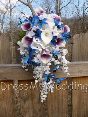 Cascading picasso calla and blue orchid bouquet - Image 3