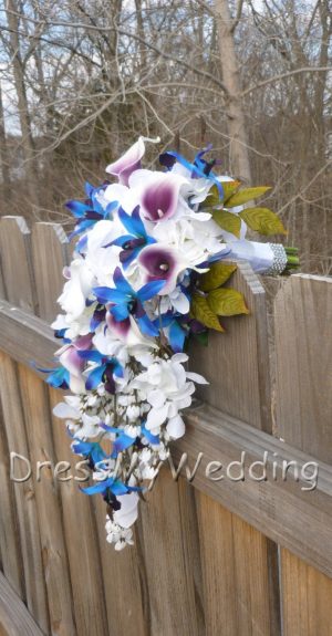 Cascading picasso calla and blue orchid bouquet - Image 4