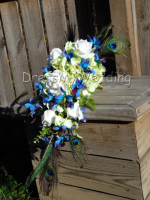 Purple blue orchid bouquet, hydrangeas, roses, peacock feather bouquet , dendrobium orchids