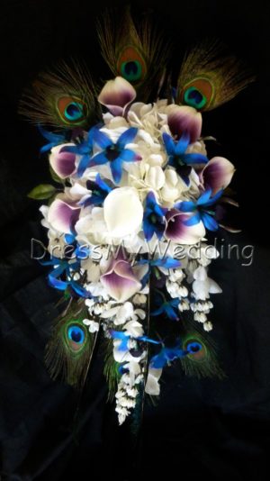 Cascading Purple blue dendrobium orchid bouquet peacock feathers - Image 2