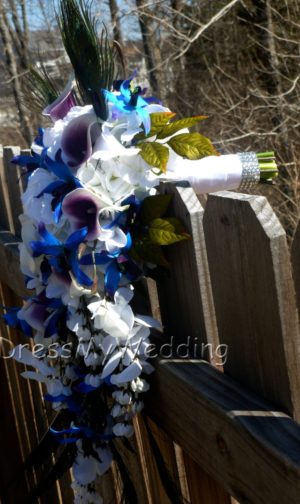Cascading Purple blue dendrobium orchid bouquet peacock feathers - Image 3