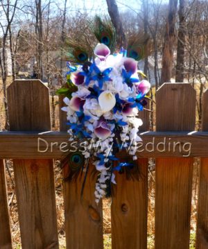Cascading Purple blue dendrobium orchid bouquet peacock feathers