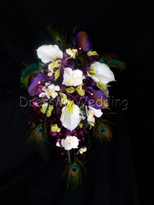 Plum purple cascading bouquet, white and plum calla liles,  hydrangeas, orchids, lime green accent,  eggplant purple bouquet
