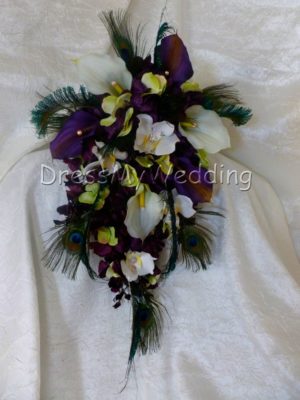 Plum purple cascading bouquet, white and plum calla liles,  hydrangeas, orchids, lime green accent,  eggplant purple bouquet - Image 3