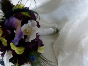Plum purple cascading bouquet, white and plum calla liles,  hydrangeas, orchids, lime green accent,  eggplant purple bouquet - Image 4