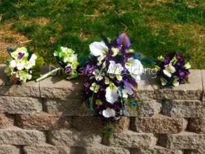 Plum purple cascading bouquet, white and plum calla liles,  hydrangeas, orchids, lime green accent,  eggplant purple bouquet - Image 5
