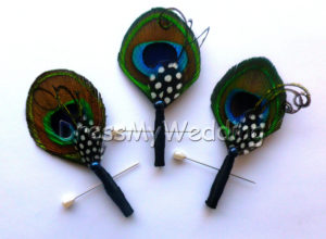 Peacock boutonniere, black and white accent feather, customizable.