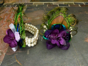 Peacock pearl wrist corsage, plum purple wrist corsage, eggplant purple hydrangea pearl corsage