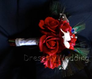Real touch rose and white calla lily bridal bouquet with peacock feathers - Image 2