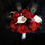 Real touch rose and white calla lily bridal bouquet with peacock feathers