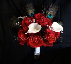 Real touch rose and white calla lily bridal bouquet with peacock feathers