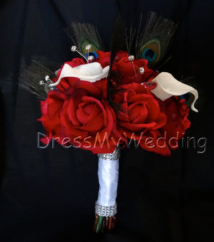 Real touch rose and white calla lily bridal bouquet with peacock feathers - Image 3