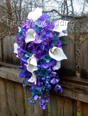 Purple-blue hydrangea cascading bouquet with orchids, calla lily, teal hydrangeas, purple teal bouquet