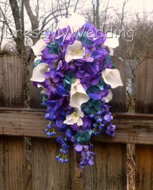 Purple-blue hydrangea cascading bouquet with orchids, calla lily, teal hydrangeas, purple teal bouquet - Image 3