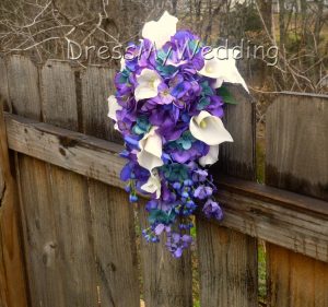 Purple-blue hydrangea cascading bouquet with orchids, calla lily, teal hydrangeas, purple teal bouquet - Image 2