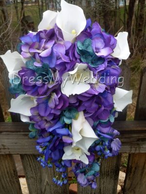 Purple-blue hydrangea cascading bouquet with orchids, calla lily, teal hydrangeas, purple teal bouquet - Image 4