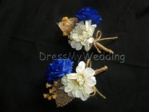Rustic country corsage, cornflower daisy corsage with burlap, cobalt blue cream, wrapped with jute