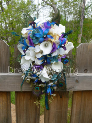 Champagne cascading bridal bouquet with blue orchids - Image 2