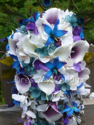 Cascading bridal bouquet with blue orchids - Image 3