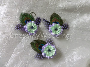 3 bridesmaids lavender mint flower hair clips with peacock feathers and peacock blue freshwater pearls