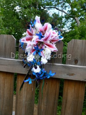 Cascading bouquet with tiger lilies and blue orchids