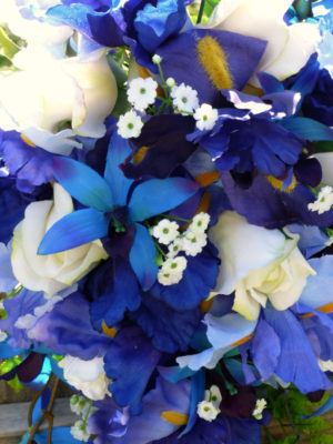Cascading Iris and orchid bouquet with baby's breath - Image 5