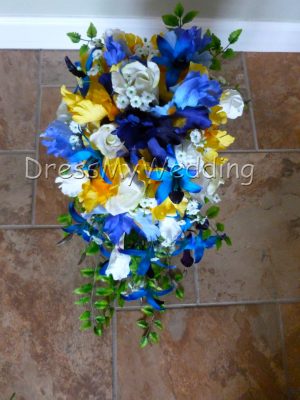 Yellow and blue iris cascading bridal bouquet - Image 5