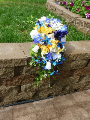 Yellow and blue iris cascading bridal bouquet - Image 4