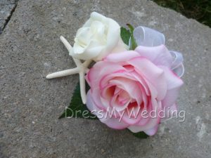 Real touch rose corsage, pink white rose corsage with starfish