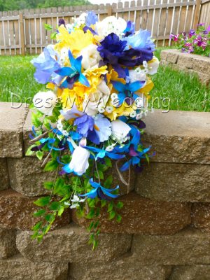 Yellow and blue iris cascading bridal bouquet