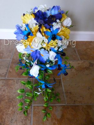 Yellow and blue iris cascading bridal bouquet - Image 3
