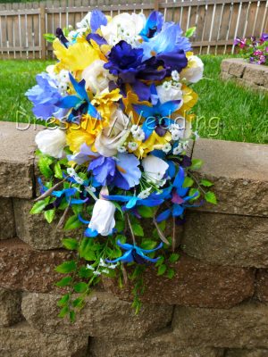 Yellow and blue iris cascading bridal bouquet - Image 2