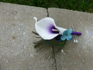 Picasso calla lily peacock boutonniere with hydrangea accent,  customizable
